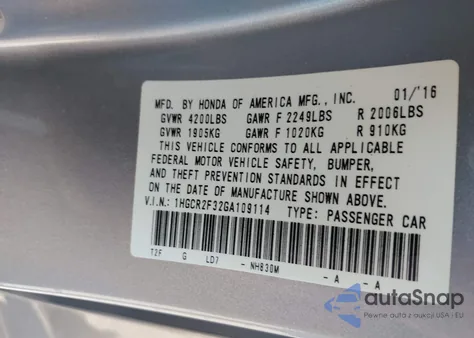 2016 Honda Accord Lx из США, поврежденный, VIN 1HGCR2F32GA109114